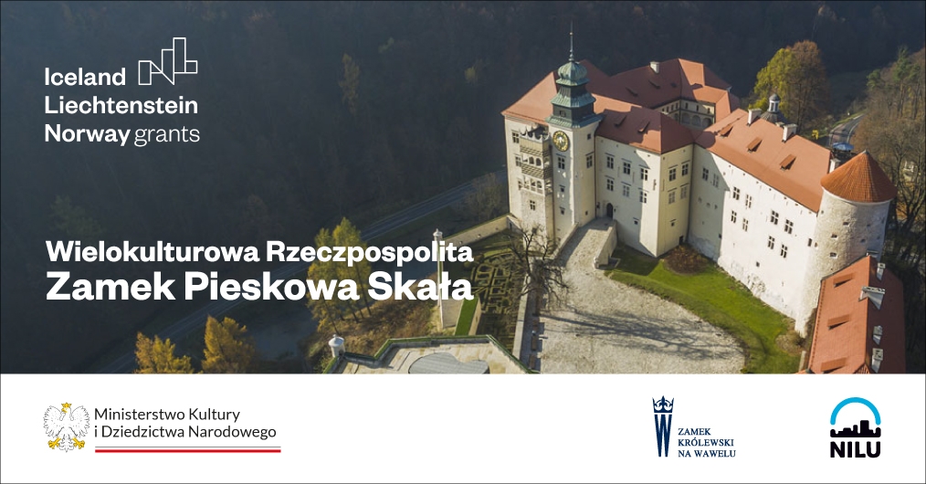 Zamek Pieskowa Skała - widok z lotu ptaka, w tle krajobraz doliny Prądnika